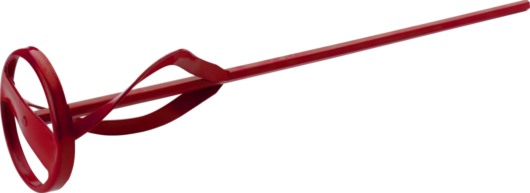 Pajarito_Dummy_Universal stirrer Easy Line_037110_037109_2021-02 Un long fouet mélangeur en métal rouge pour perceuse, avec une protection circulaire et des pales torsadées sur un arbre carré, finition laquée brillante avec de légères traces d'usure, isolé sur fond blanc.