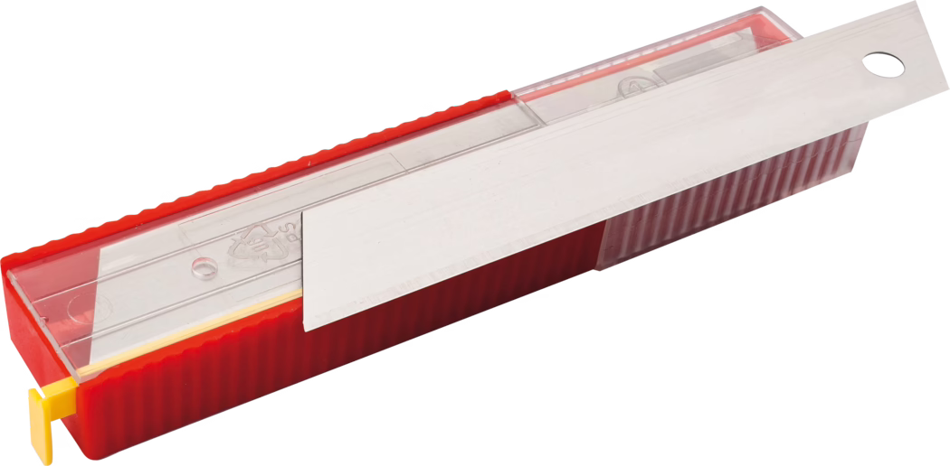 Close-up of a red plastic dispenser holding segmented replacement utility blades. A translucent plastic lid reveals a stack of silver snap-off blades, while one long metal blade with a round hanging hole rests on top, showing a sharpened beveled edge and fine surface scratches. The ribbed red case features a small yellow slider or safety tab at one end. The object is photographed on a white background for clear product display and identification.