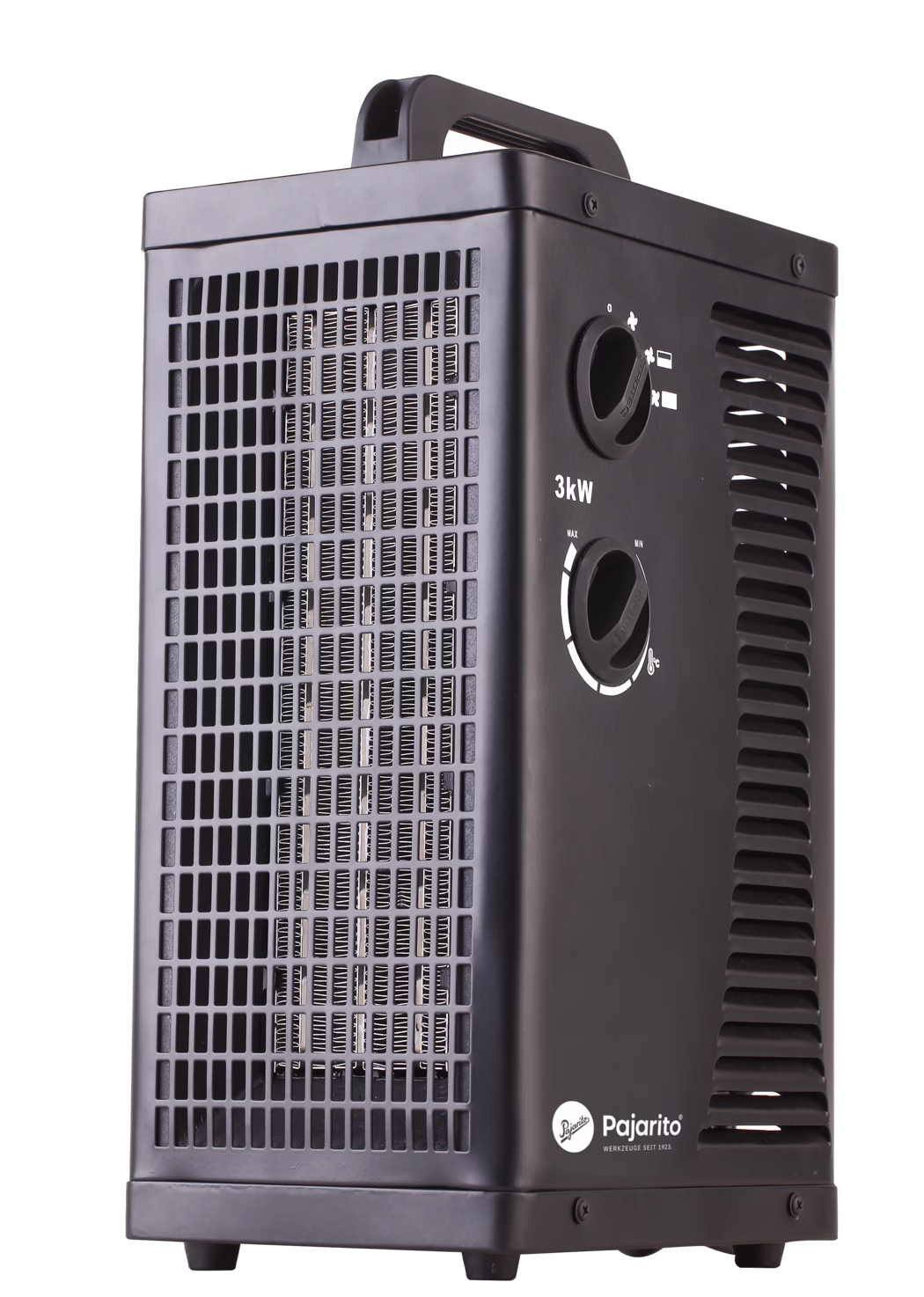 Pajarito_Dummy_RadiantHeater_181162_2024-07 Close-up of a black portable electric tower heater with a matte finish. The rectangular unit features a front metal grille that reveals coiled heating elements, vertical side vents, two rotary control knobs for power and thermostat settings and a clearly printed '3kW' power rating. A molded carry handle on the top and small rubber feet at the base indicate portability; visible screw fastenings and a circular brand logo reading 'Pajarito' appear on the lower right. The image shows the heater's minimalist industrial design and control markings against a clean white background.