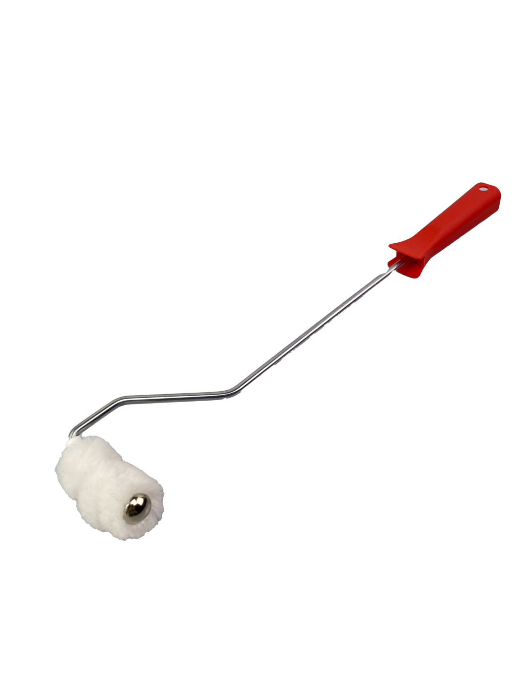 Petit rouleau de peinture avec manchon en mousse blanc et duveteux, monté sur une tige métallique chromée coudée et une poignée en plastique rouge avec trou de suspension ; adapté aux petites surfaces, bords et travaux de détail ; le rouleau semble propre et neuf.
