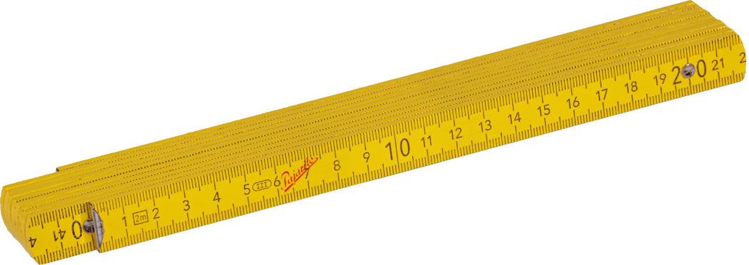 Une règle pliante en bois jaune avec des graduations métriques en centimètres jusqu'à 20 cm, charnières et vis métalliques visibles, peinture légèrement usée et articulations de segments apparentes sur fond blanc.