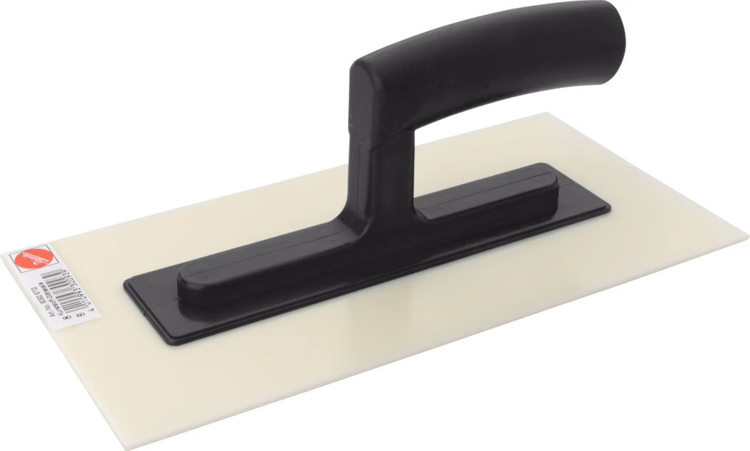 Rectangular plastering/grout float with a smooth off-white plastic or foam base and a black molded plastic handle. The ergonomically curved handle is mounted centrally on a black support pad. The tool is used for spreading, leveling and smoothing plaster, grout or adhesive; a small barcode label is visible on one corner of the base.