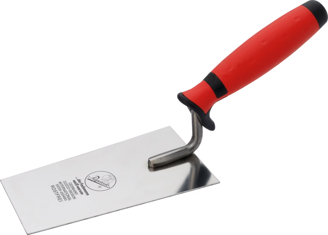 Une truelle en acier inoxydable avec un manche en caoutchouc rouge, conçue pour le lissage et les finitions. La lame en métal est plate et rectangulaire, avec un logo et des marquages qui indiquent ses spécifications. Le manche a un design ergonomique pour une prise confortable, adapté à une utilisation prolongée dans la construction ou les projets de bricolage.