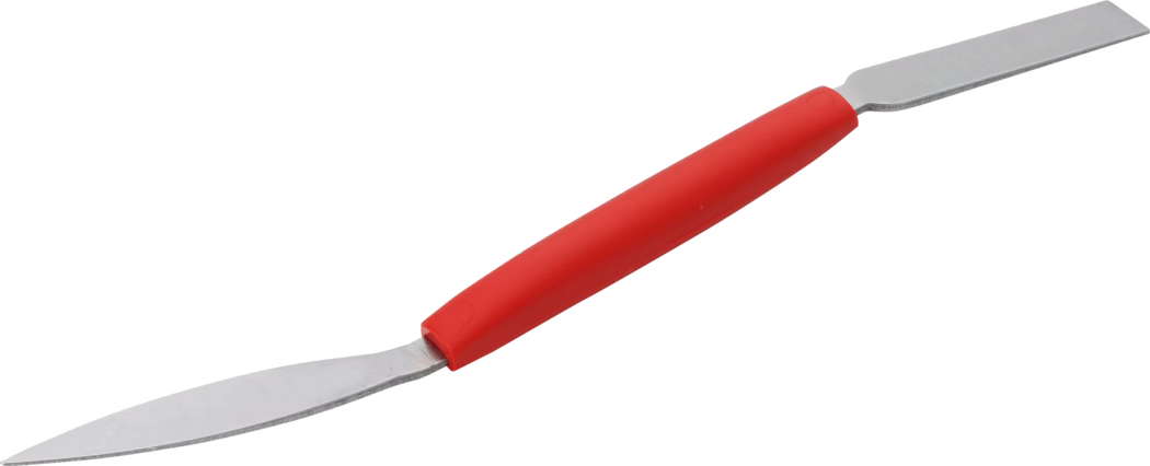 Couteau à palette double extrémité avec manche en plastique rouge et deux lames en acier inoxydable : une lame étroite rectangulaire et droite et une lame arrondie légèrement pointue. Photographie sur fond blanc ; les lames métalliques ont une finition mate et le manche ergonomique rouge semble confortable. Usages courants : étaler, mélanger et racler de la peinture, du plâtre, du mastic ou du glaçage pour gâteaux ; adapté aux artistes, pâtissiers et bricoleurs. L'outil est isolé et placé en diagonale dans l'image.