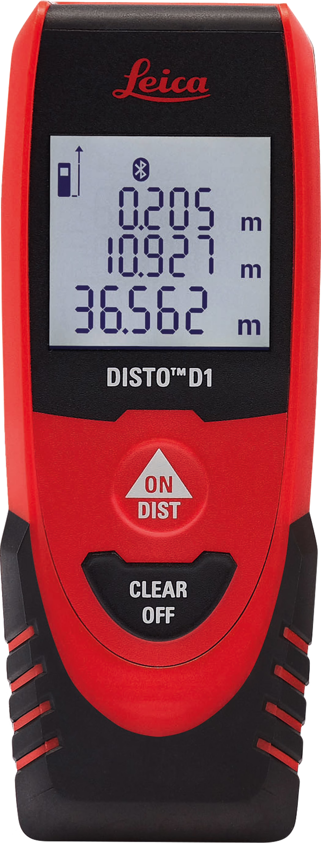 Télémètre laser Leica DISTO D1 rouge et noir avec écran numérique affichant des mesures en mètres, logo 'Leica' en haut, trois valeurs numériques bleues à l'écran, bouton triangulaire 'ON/DIST' et bouton 'CLEAR/OFF' en dessous.