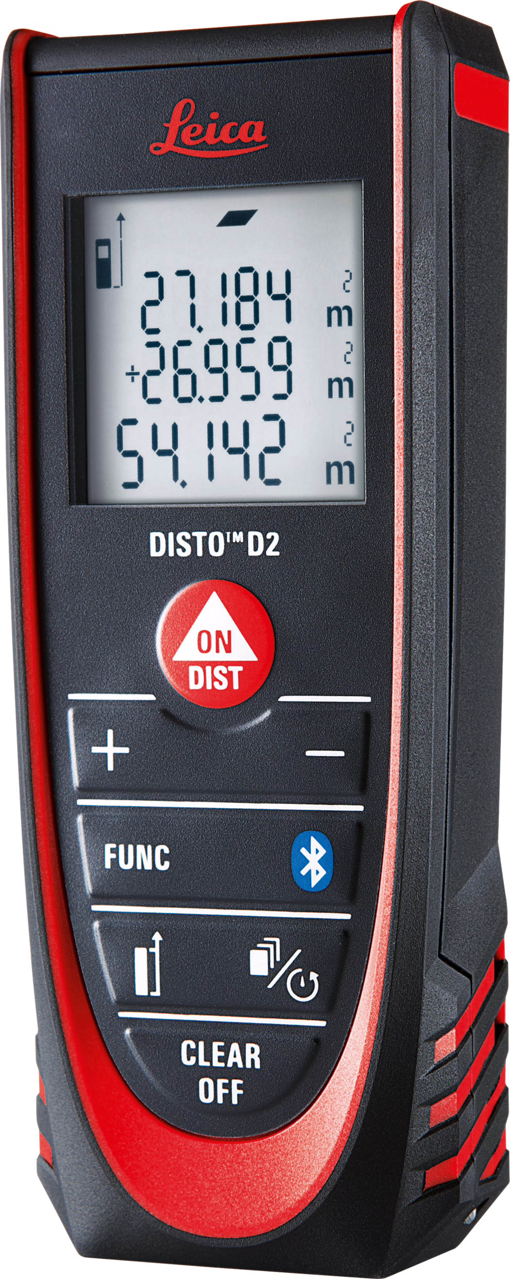 Télémètre laser portable Leica DISTO D2 au boîtier noir avec accents rouges et surface caoutchoutée. Grand écran LCD rétroéclairé affichant des mesures (27,184 ; +26,959 ; total 54,142 m) avec unités et icônes pour les modes et la batterie. Bouton rouge circulaire ON/DIST très visible, touches plus/moins, touches FUNC et CLEAR/OFF, et symbole Bluetooth. Design compact et ergonomique avec zones de préhension texturées et logo Leica ; idéal pour des mesures rapides et précises de distance, de surface et d'addition/soustraction sur chantiers et travaux d'intérieur.