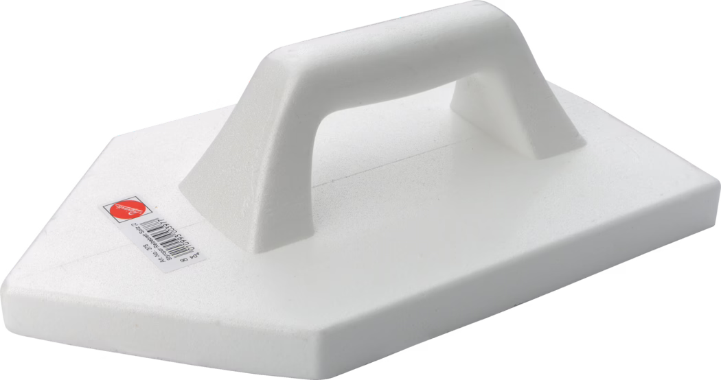 Taloche en plastique blanc avec une base plate rectangulaire et une poignée arquée, photographiée sur fond blanc ; un petit autocollant avec code-barres est visible sur la surface supérieure.