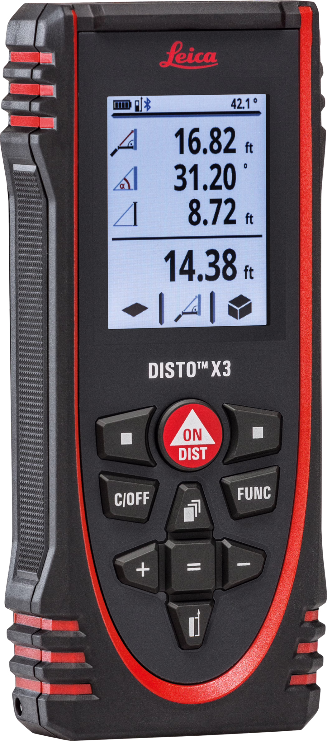 Gros plan d'un télémètre laser portable Leica DISTO X3. L'appareil noir et rouge présente un écran LCD lumineux affichant des mesures numériques bien visibles (16,82 ft, 31,20°, 8,72 ft et total 14,38 ft), des icônes de batterie et Bluetooth et des pictogrammes des modes de mesure. Sous l'écran se trouvent le bouton rond rouge ON/DIST, plusieurs touches de fonction et de navigation, et l'inscription DISTO™ X3. Le boîtier associe des zones antidérapantes en caoutchouc à des accents métalliques rouges pour un design robuste et portable.